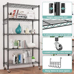 Himimi 5-Tier Storage Shelf Wire Shelving Unit on Wheels Heavy Duty Metal Shelves Adjustable Steel Rack Organization for Kitchen Garage Basement, Black