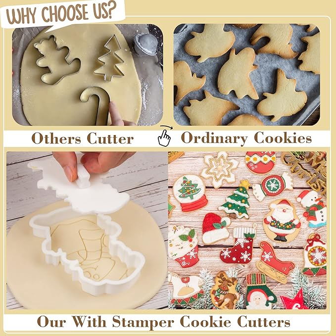Flycalf Christmas Cookie Cutters with Plunger Stamps Christmas Hat Shapes Fall Holiday PLA Baking Accessories Cutter Molds Gifts for Kids Decorative Party 3.5" Kitchen Cake Supplies