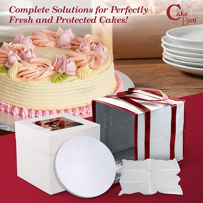 Cakebon Cake Box and Boards, 8-Inch Round White Wrapped Edges 1/2- Inch Thick Drums with Insulated Bag and Ice Pack – Cake Transport Set, Cooler for Cake Delivery and Transport (1pc Each, 4pcs Total)
