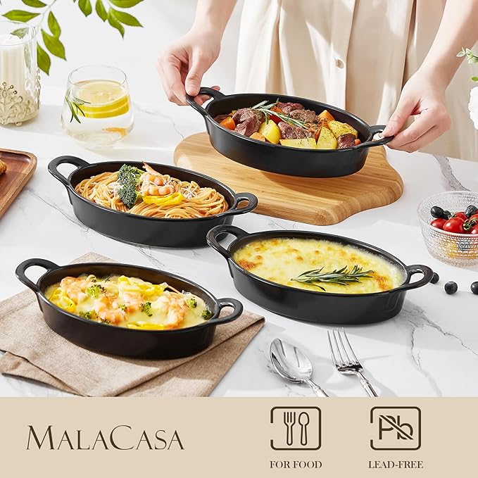 MALACASA Small Casserole Baking Dishes for Oven, Ceramic Oval Baking Dish Sets of 4, 8" x 5" Inch Au Gratin Baking Pans with Handles for Roasting, Lasagna, Pie, Baking Meat & Vegetables, Matte Black