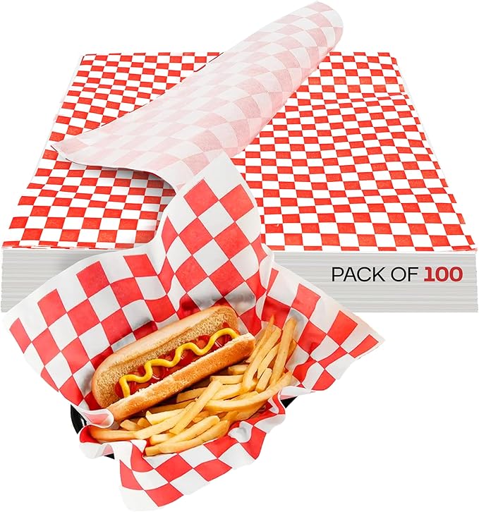 Red Checkered Deli Paper Sheets, 12" x 12" (100 pcs) - USA-Made Premium Food Basket Liners - PFAS-free Grease Resistant Deli Paper Sheets for Food, Snack & Baking Wrap, Picnic & Party by IDL Packaging