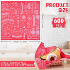Outus 600 Pcs 12 x 12 Inch Deli Wax Paper Sheets Grease Resistant Tray Basket Liners Newsprint Paper Water and Grease Proof Sandwich Wrapping Square Hot Dog Wrappers for Food Baking (Red)