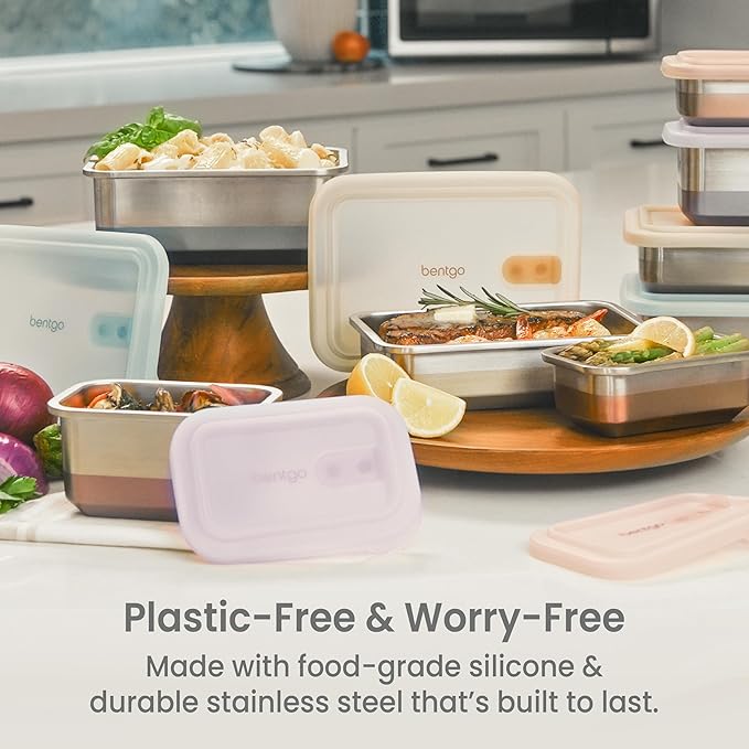 Bentgo MicroSteel Heat & Eat Container – Microwave-Safe, Leak-Proof, Easy-to-Clean, Lightweight Stainless Steel Reusable Food Storage with Airtight Silicone Lid (Snack Size; 2-Cup Capacity; Rose)