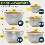 Baker's Signature Stainless Steel Mixing Bowls with Lids Set, 5 Sizes, 3 Graters, Non-Slip Base, Airtight Lids, Metal Mixing Bowls for Kitchen, Food Prep, Storage, 0.63QT-5QT, Khaki