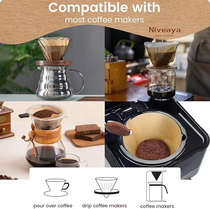 Niveaya 200 Count Coffee Filters #4, Unbleached Natural Brown Coffee Filters 8-12Cup, Disposable Cone Paper Fliters for Pour Over and Drip Coffee Maker