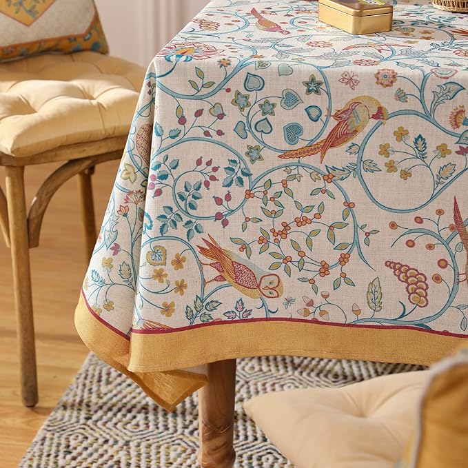 patdrea Designer Vintage Square Table Cloth,Yellow Linen Floral Birds Pattern Colorful Tablecloths,Decorative Table Cover for Kitchen Dining Banquet,Christmas,Thanksgiving,67"x67"-Magnolia
