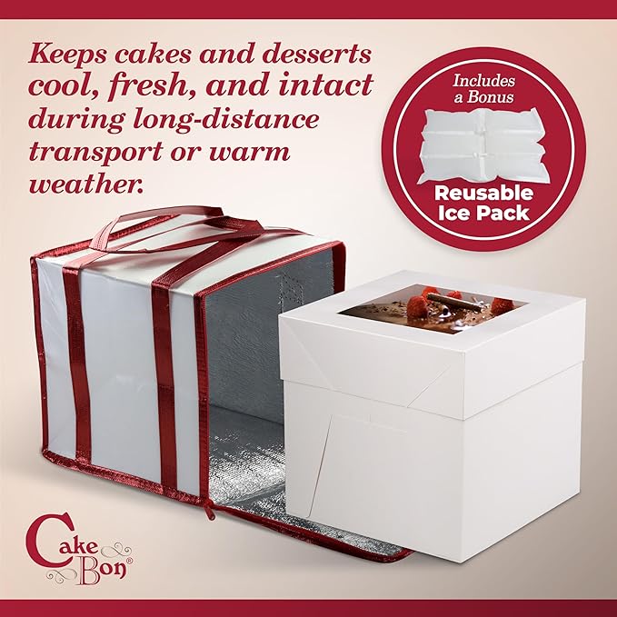 Cakebon Cake Box and Boards, 10-Inch Round Silver Smooth Edges 1/2- Inch Thick Drums with Insulated Bag and Ice Pack – Cake Transport Set, Cooler for Cake Delivery and Transport (1pc Each, 4pcs Total)