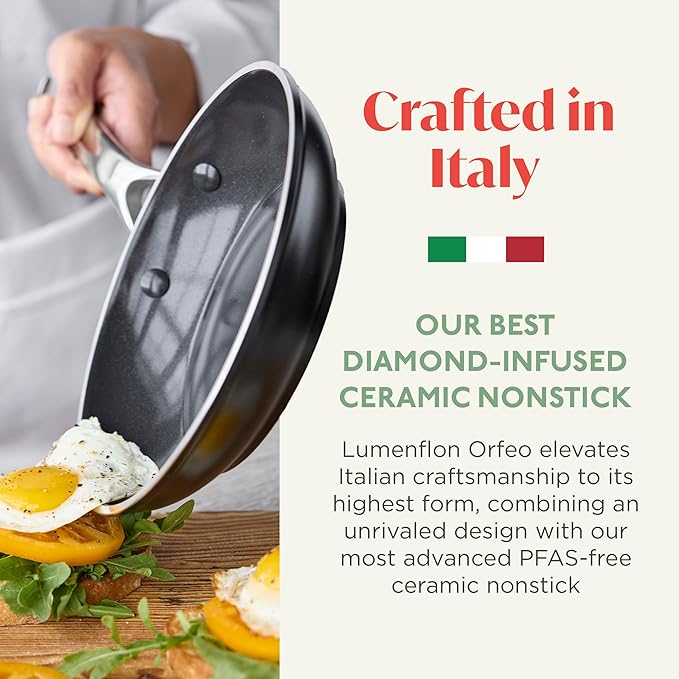 Orfeo 8” Nonstick Frying Pan Skillet, Made in Italy, Diamond Ceramic PFAS-Free Cookware, Induction Ready, Scratch Resistant, Laser-Fused Surface for Durability, Dishwasher Safe, Black
