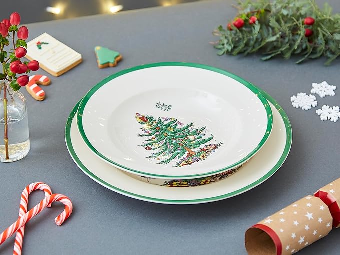 Spode Christmas Tree 9" Soup Plate (Set of 4) – Stoneware Bowls with Festive Tree Design & Green Rim, Ideal for Serving Soup, Pasta, Salad – Microwave & Dishwasher Safe Holiday Dinnerware