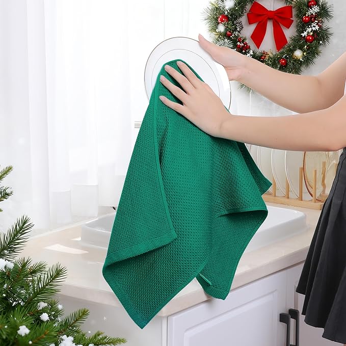 Homaxy 100% Cotton Waffle Weave Kitchen Dish Towels, Ultra Soft Absorbent Quick Drying Cleaning Towel, 13 x 28 Inches, 6-Pack, Dark Green