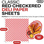 Red Checkered Deli Paper Sheets, 12" x 12" (50 pcs.) - USA-Made Premium Food Basket Liners - PFAS-free Grease Resistant Deli Paper Sheets for Food, Snack & Baking Wrap, Picnic & Party by IDL Packaging