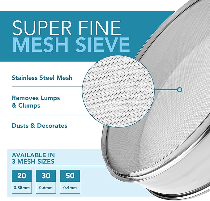 Stainless Steel Flour Sifter Fine Mesh Round Flour Sieve for Baking 16.5" Diameter x 2.88" High; 30 Mesh (Hole Size 0.6mm)
