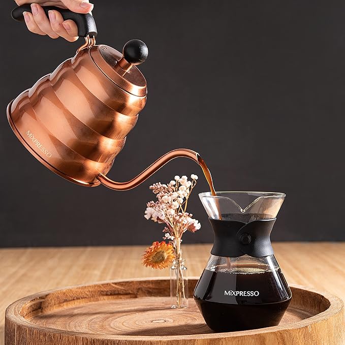 Mixpresso Gooseneck Pour Over Coffee Kettle - Barista Pour Control Design for Tea, 1.2 Liter (40 Oz) High-Grade Stainless Steel Drip Induction Cooker, Copper Stovetop Kettle
