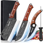 MDHAND Butcher Knife Set, 4PCS Butcher Cleaver Knife Set for Meat Cutting, Hand Forged Viking Knives Sets with Meat Cleaver, Heavy-Duty Kitchen Knives Sets for Bone BBQ Vegetable, Knives Gift for Men