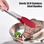 Doosu Kitchen Tongs for Cooking - 600°F Heat Resistant Food Tong Set with Non-Scratch Silicone Tips, Heavy Duty Stainless Steel Locking Tong for BBQ, Grilling Steak, Serving Salad (7+9+12in, Red)