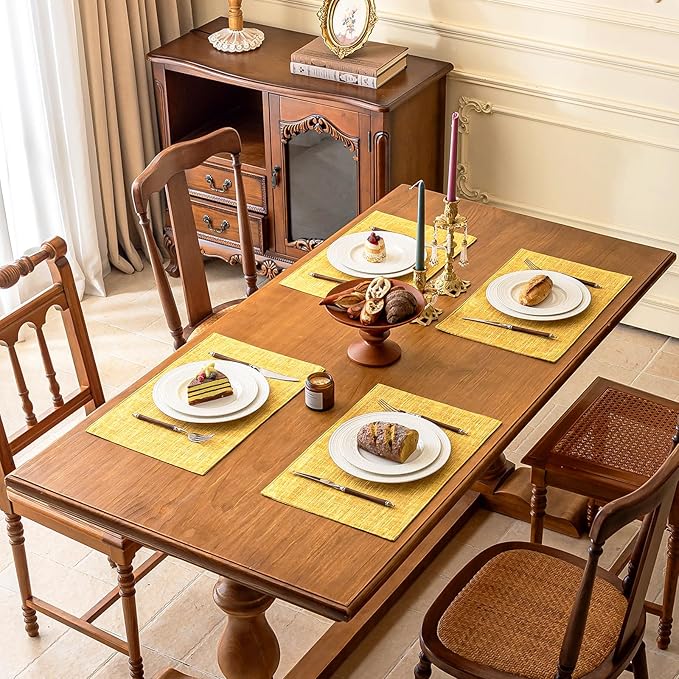KXN Placemats Set of 8, Dual-Layer Thickened Faux Linen Table Mats, Heat Resistant & Wrinkle-Free, Machine Washable Cloth Place Mats for Kitchen Dining Indoor Outdoor (Yellow)