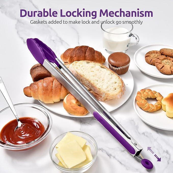 600ºF Heat Resistant Kitchen Tongs: U-Taste 16 inch Extra Long Large Silicone Cooking Tong with Sturdy Non Stick Rubber Tips & Non Slip Silicon Coated 18/8 Stainless Steel Handle for Grill BBQ(Purple)