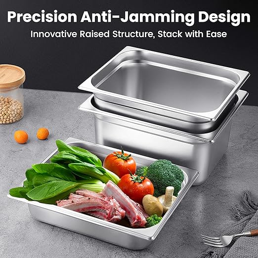 1/2 Hotel Pans 2.5 Inch Deep Stainless Steel Food Pan - Anti-Jam 6 Pack Steam Table Pan Set for Catering, Buffet Use, Kitchen Prep