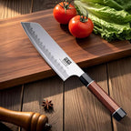 SHAN ZU 7 Inch Japanese Chef Knife, 9 Layers 10Cr15MoV High Carbon Steel Professional Kitchen Knife, Sharp Cooking Knife with Ergonomic Red Sandalwood Handle, Meat Cutting Santoku Knife