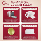 Cakebon Cake Box and Boards, 12-Inch Round Gold Smooth Edges 1/2- Inch Thick Drums with Insulated Bag and Ice Pack – Cake Transport Set, Cooler for Cake Delivery and Transport (1pc Each, 4pcs Total)