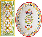 Melamine Serving Platter, Set of 2,Talavera Melamine Large Serving Tray,19''x8'' Rectangular and 18''x14'' Oval Platter Set. Multi-Color