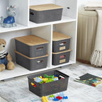 Small Plastic Storage Bins with Bamboo Lids 5.2qt Stackable Box Basket Pantry Decorative Containers Cute with Lable for Organizing Desktop Closet Office Gray of 6 packs 10 * 7.2 * 4.1'’