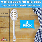 Super Strong, Ergonomic 11 in Serving Spoon 5 Pk. Big, Perforated Stainless Steel Spoons for Cooking, Baking and Basting. Best Kitchen Flatware for Buffet and Banquet Service in Restaurants and Homes