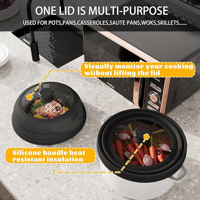 Collapsible Microwave Splatter Cover - Vented Silicone & Glass Lid with Easy-Grip Handle, Fits 6 to 10 Inch Plates & Bowls, 10.8 Inch Diameter, Prevents Splatters & Ensures Even Heating