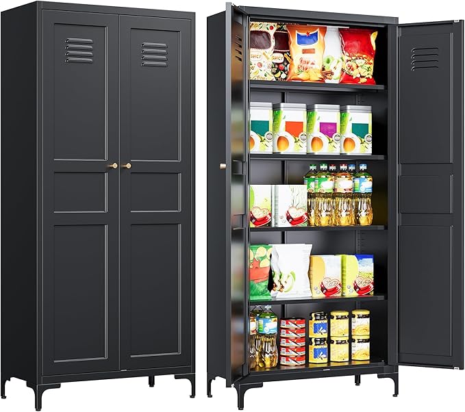 SISESOL Metal Storage Cabinet with Doors and Shelves,Black Storage Cabinet with Leg,Metal Pantry Cabinets,Ventilated Pantry Closet,Tall Large Cupboard for Home,Kitchen,Dining/Living/Laundry Room