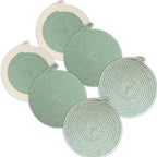 Encasa XO Round Trivet Mats for Hot Dishes with Hanging Loop | Sage Combo - Set of 6 with 7 inch Diameter | Cotton Round Thick Heat Resistant Pot Holders | Use Hot Pads Plate Mats for Hot Pots & Pans