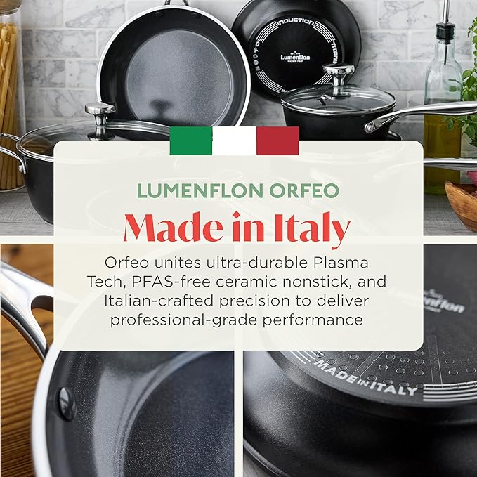 Orfeo 9.5” Nonstick Frying Pan, Made in Italy, Diamond Ceramic PFAS-Free Cookware, Induction Ready, Scratch Resistant, Laser-Fused Surface for Durability, Dishwasher Safe, Black