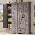 AMERLIFE 2 Pcs Farmhouse Kitchen Pantry Cabinet, 72" Tall Storage Cabinet with Adjustable Shelves & Barn Doors & Drawer, Freestanding Kitchen Cupboard for Dining Room, Living Room, Rustic Grey