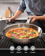 12 inch Tri-Ply Stainless Steel Pan,PFOA&PTFE Free Skillets,Chef's Pans,Dishwasher and Oven Safe Cookware, Works on Induction,Ceramic and Gas Cooktops