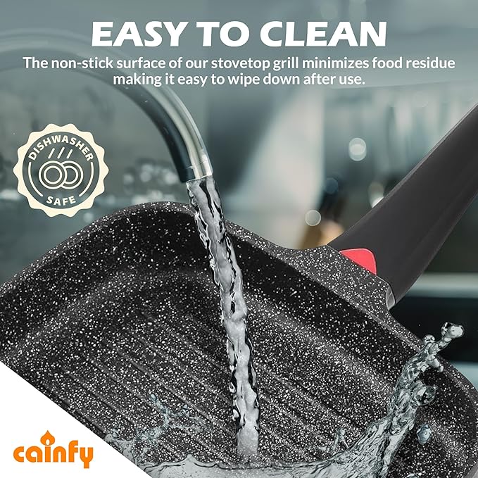 11 Inch Non Stick Grill Pan Granite Coated with Pour Spout - Lightweight 2.66 Quart Grill Pan for Indoor Cooking with Grip Handle - Induction Compatible PFOA Free Stove Top (Black)