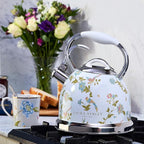 VQ Laura Ashley Elveden White 2.5L Stainless Steel Tea Kettle Stovetop Whistling Teapot for Induction, Gas Hob or others. Silicon Coated Cool Handle & Push Button Mechanism Vintage Stove Top Kettle