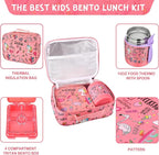 Bento Lunch Box Set With 10oz Soup Thermo, Leak-proof Lunch Containers with 4 Compartment, Kids Hot Thermo Food Jar/Insulation Lunch Bag, Food Containers for School（Flamingo）