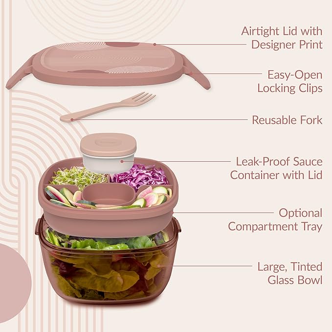 Bentgo Glass Prints All-in-One Salad Container - 61oz Tinted Glass Salad Bowl with Lid, Bento-Style Tray, Sauce Container, & Reusable Fork - Dishwasher & Microwave Safe (Mod Curve - Desert Rose)