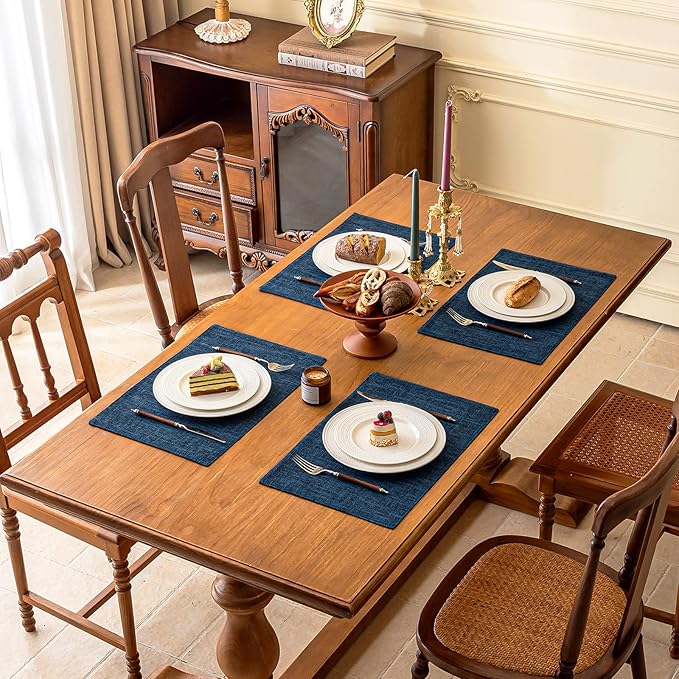 KXN Placemats Set of 4, Dual-Layer Thickened Faux Linen Table Mats, Heat Resistant & Wrinkle-Free, Machine Washable Cloth Place Mats for Kitchen Dining Indoor Outdoor (Navy Blue)