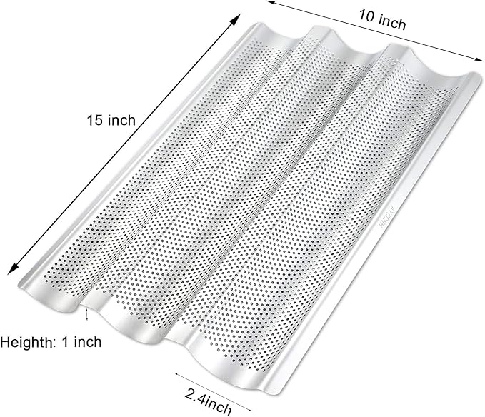 2 Pack Stainless Steel French Baguette Bread Pan, Perforated Loaf Pans for Baking 15"x10", 3 Waves Toaster Oven Baking Tray