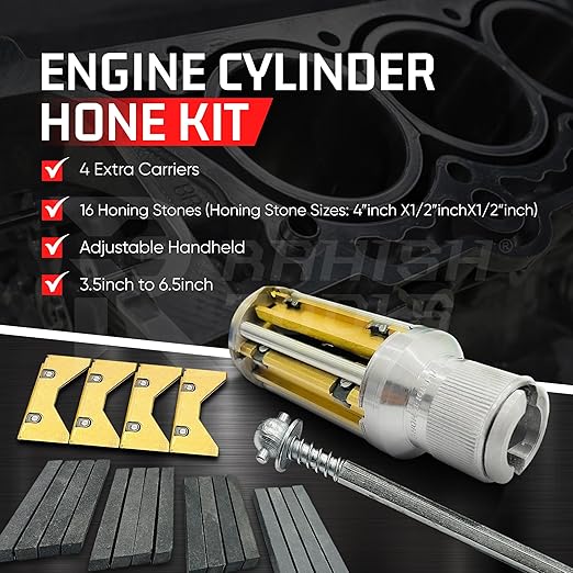 Engine Cylinder Hone Kit 3.5" to 6.5" with 4 Extra Carriers Adjustable Handheld Honing Machine Tool Kit with 16 Stones Sizes 4" x1/2" x1/2" - Works for Mid-Size to Larger Car Engines