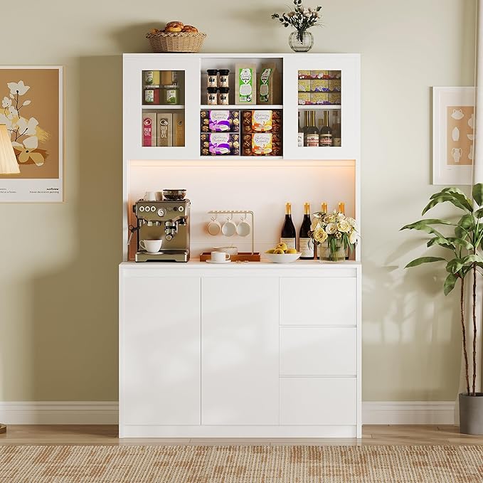 Garvee Kitchen Pantry Cabinet,71 in Tall Storage Cabinet with Doors&Shelves Adjustable, Kitchen Storage Hutch with Microwave Shelf, Led Lights&Charging Station,Corner Pantry Cabinet