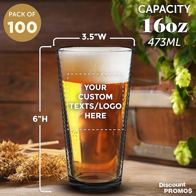 Custom Spiral Pint Glass 16 oz. Set of 100, Personalized Bulk Pack - Beer Glasses, Heavy Duty Drinkware - Black