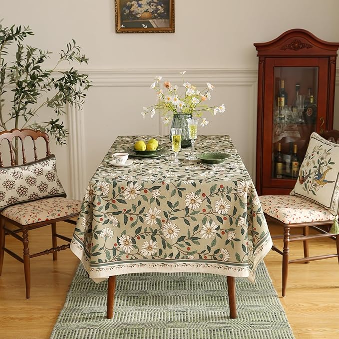 ISAENNE Designer Green Linen Long Rectangle Tablecloth,Floral French Country Indoor Table Cloth,Stain Resistant Home Decor Tablecloths for Dining Kitchen Thanksgiving Party,63"*102"-Brune