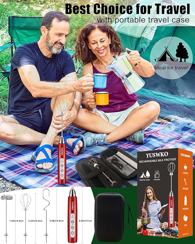 YUSWKO Rechargeable Milk Frother for Coffee, Handheld Drink Mixer with 3 Heads 3 Speeds, Ideal Coffee Frother Wand for Travel - Red