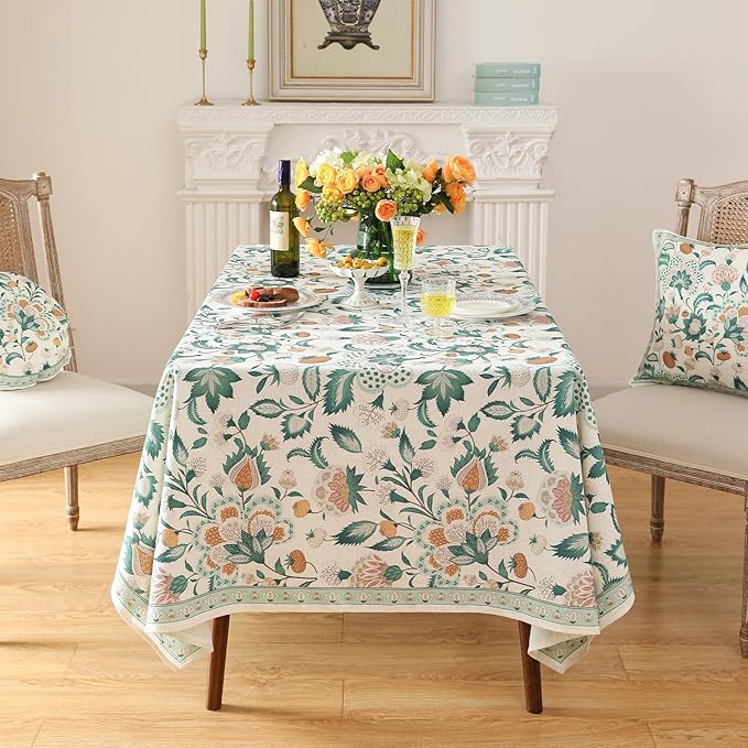 patdrea Designer Green Rectangle Table Cloth,Vintage Italian Floral Country Linen Breathable Tablecloth,Decor Cover for Kitchen Dining,Christmas,Tea Party,Thanksgiving,63"x87"-Tree Life