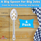 Super Strong, Ergonomic 11 in Serving Spoon 5 Pk. Big, Slotted Stainless Steel Spoons for Cooking, Baking and Basting. Best Kitchen Flatware for Buffet and Banquet Service in Restaurants and Homes