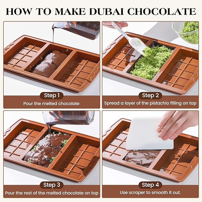 2 Pcs Chocolate Bar Mold Deep Dubai 0.85 Inch Stuffed Chocolate Molds Silicone Large Break Apart Silicone Molds (10 Snap + 5 Snap）