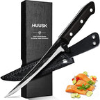 Huusk Fish Fillet Knife with Sheath - Hand Forged 7 Inch Boning Knives for Meat Trimming, Japanese Brisket Trimming Knives with Wooden Handle for Outdoor Camping, Gift for Men