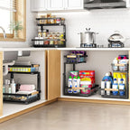 PXRACK 2 PACK Under Sink Organizer,Adjustable Height,2 Tier Pull Out Under Cabinet Organizer,Thickened Metal Shelf,Slide Out Under Sink Storage for Kitchen Bathroom Cabinet Laundry