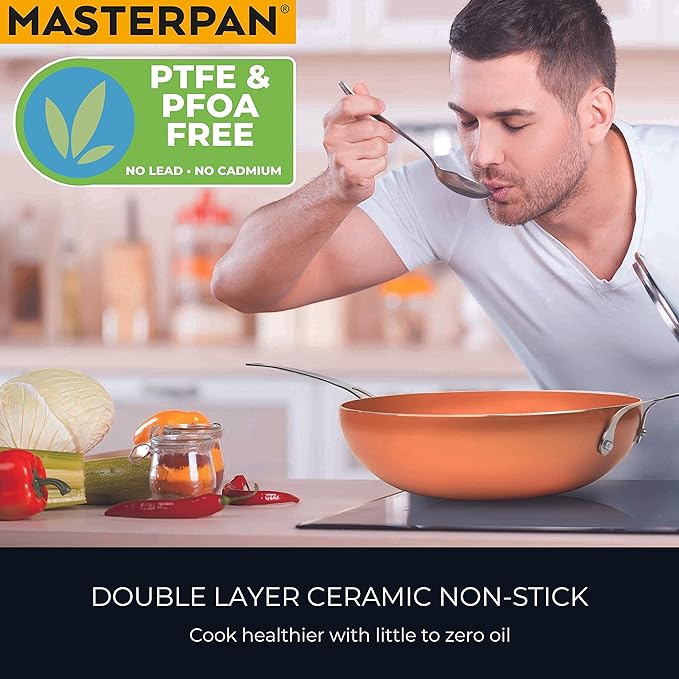 MasterPan Copper tone 12-inch Ceramic Non-stick Wok with Lid